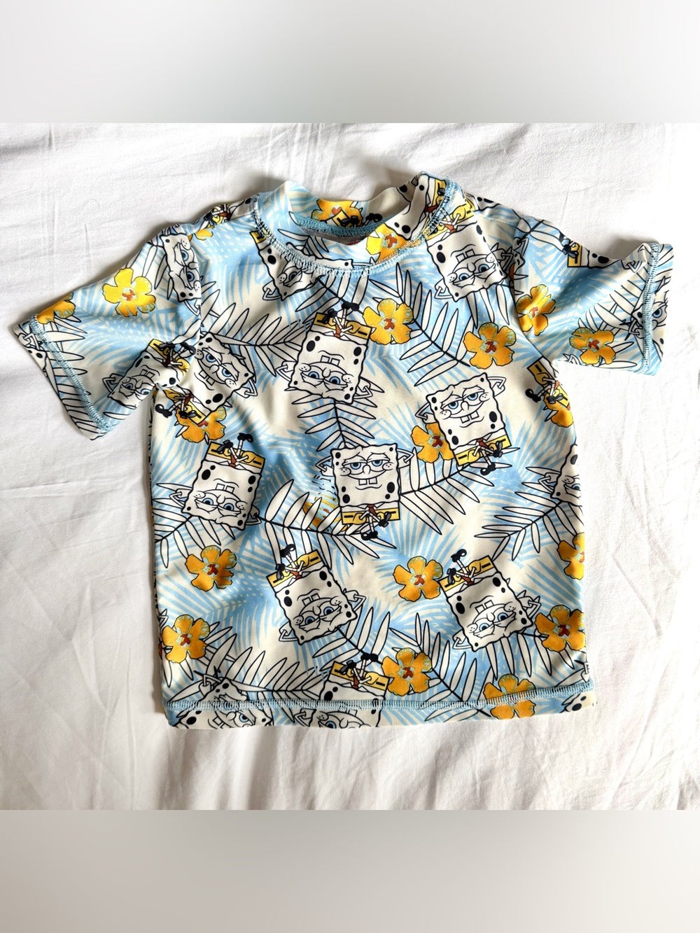 Kids Spongebob SquarePants Pattern Rash Guard Swim Shirt 3T- Light Blue & Yellow